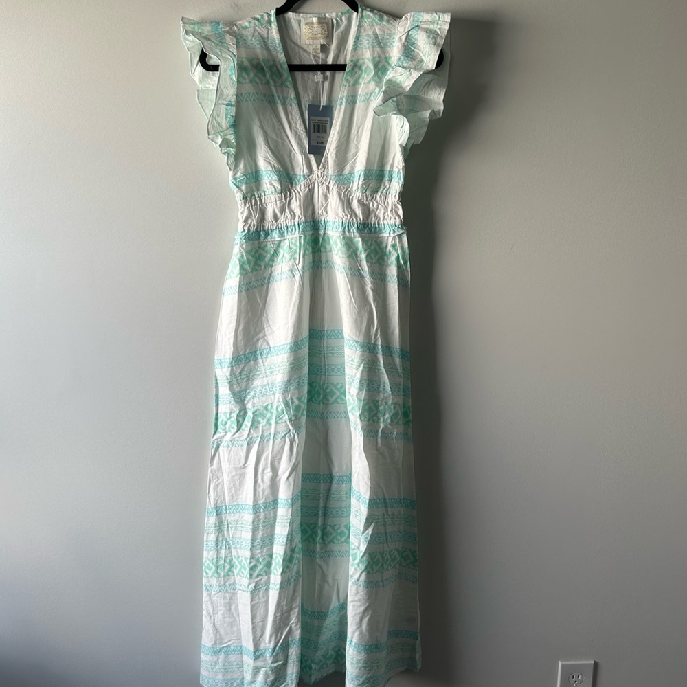 Sail to Sable light mint green and white flutter sleeve cotton maxi dress